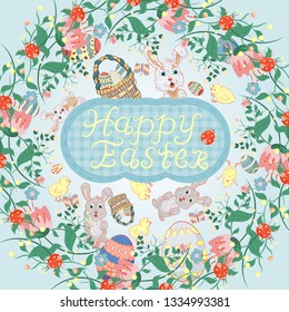 vector illustration, flowers, rabbits, egg, in childrens style on the theme of Easter, in a circular ornament for design and decoration