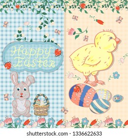 vector illustration, flowers, rabbits, egg, in childrens style on the theme of Easter, the layout of greeting cards