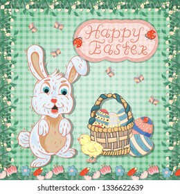 vector illustration, flowers, rabbits, egg, in childrens style on the theme of Easter, the layout of greeting cards