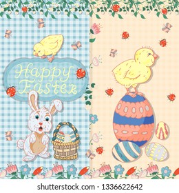 vector illustration, flowers, rabbits, egg, in childrens style on the theme of Easter, the layout of greeting cards