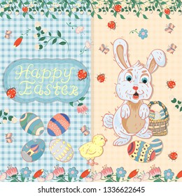 vector illustration, flowers, rabbits, egg, in childrens style on the theme of Easter, the layout of greeting cards