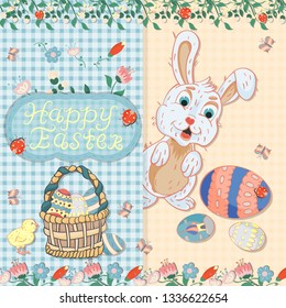 vector illustration, flowers, rabbits, egg, in childrens style on the theme of Easter, the layout of greeting cards