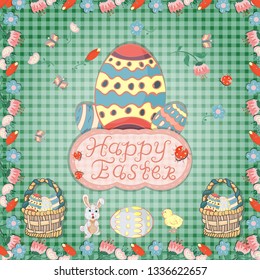 vector illustration, flowers, rabbits, egg, in childrens style on the theme of Easter, the layout of greeting cards