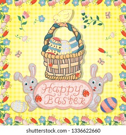 vector illustration, flowers, rabbits, egg, in childrens style on the theme of Easter, the layout of greeting cards