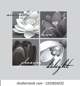 vector illustration of flowers with romantic words in vintage style