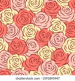 Vector illustration. Flowers roses, red, pink, yellow and white buds. Buds of roses in a seamless pattern. Silhouette of a rose.