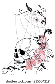 vector illustration with flowers of roses, skull and spiderweb