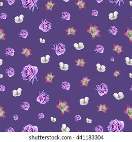 Vector illustration with flowers, seamless pattern with lily, apple flower and roses, perfect background for wall paper, interior design, cover and fabric texture, flower pattern, realistic flowers