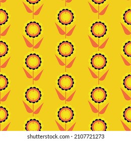 Vector illustration of flowers in simple flat geometric and linear style in vibrant colors - seamless pattern with decorative flowers, leaves. Bright combinations of retro colors - a return to the 60s