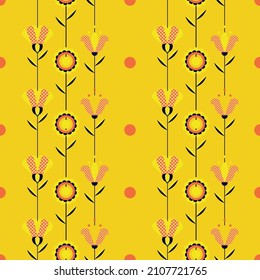 Vector illustration of flowers in simple flat geometric and linear style in vibrant colors - seamless pattern with decorative flowers, leaves. Bright combinations of retro colors - a return to the 60s