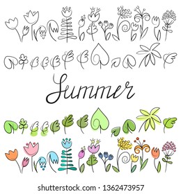 Vector illustration of flowers. Sketch. Doodles. Lettering. Summer design. Isolated on white background.