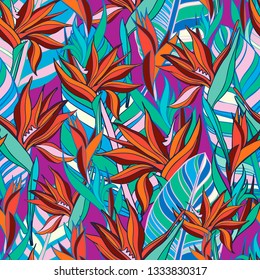 Vector illustration with flowers Strelitzia. Seamless pattern with tropical flowers and leaves in bright colors. The design is suitable for clothes, wallpaper, background.