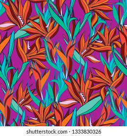 Ilustración vectorial con flores Strelitzia. Patrón sin inconvenientes con flores tropicales y hojas en colores vivos. El diseño es adecuado para ropa, papel pintado, fondo.
