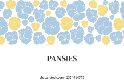 Vector illustration of flowers in the style of minimalism. Horizontal banner with pansies. Flowers in a flat style. For the design of packages, postcards, albums, textiles