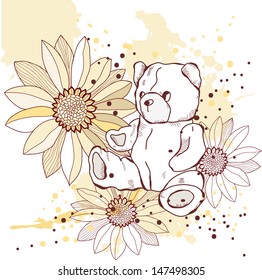 Vector illustration of flowers and a teddy bear 