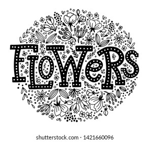 Vector illustration of flowers text for logo design and branding. Hand drawn lettering, tipography with doodle flowers for banners, business card, badge and tags.