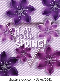 Vector illustration with flowers, triangle frame and textile background
