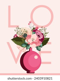 Vector illustration. Flowers in a vase, design for postcard, brochure, poster, banner. Valentine's Day, March 8, Mother's Day.