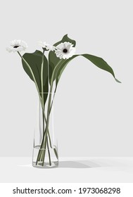 Vector illustration of flowers in a vase. White flowers in a glass vase on a light background.