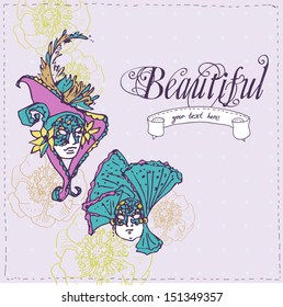 Vector illustration with flowers and Venetian masks in color
