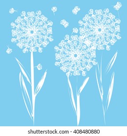 vector illustration of flowers, which consists from cockles. white and blue linear graphic. perfect as a background.