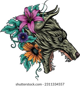 Vektorgrafik von Blumen und Wolfskopf