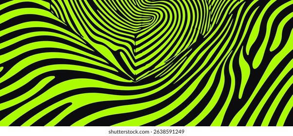 Vector illustration with flowing black lines on a bright green background, creating a dynamic and abstract zebra-like pattern.