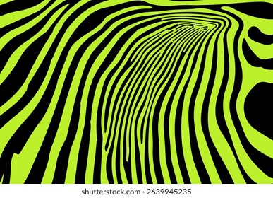 Vector illustration with flowing black lines on a bright green background, creating a dynamic and abstract zebra-like pattern. This modern op-art style remains a top trend in digital design today.
