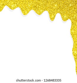 Vector illustration of flowing down gold paint with sparkles isolated on the white background.