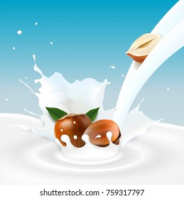 Vector illustration of Flowing milk and hazelnuts