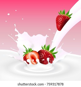 Vector illustration of Flowing milk splash with strawberries fruits