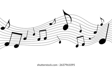 Vector illustration of flowing music notes on curved staff lines in a clean black and white style. This minimalist musical wave design is perfect for posters, music event flyers, album covers, etc.