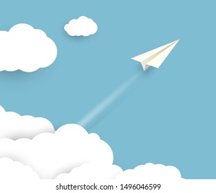 Vector illustration of flowing paper plane on blue background from clouds. Business or innovation concept.