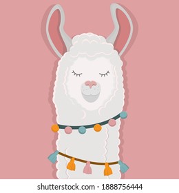 Vector illustration of a fluffy alpaca on a pink background. Template for postcards, banners, websites and printing houses with the image of a funny llama in an ethnic outfit with tassels.