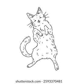 Vector illustration of fluffy cat with closed eyes showing tongue top view on white background. For children's coloring books and veterinary clinic design