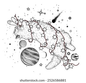 Vector illustration of a fluffy cat in a garland of stars in space among the planets in the style of engraving