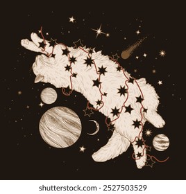  Vector illustration of a fluffy cat in a garland of stars in space among the planets in the style of engraving