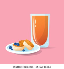 A vector illustration of fluffy cheesecakes with fresh blueberries and a glass of freshly squeezed orange juice. Ideal for café branding, food blogs, nutritional websites, and culinary advertisements