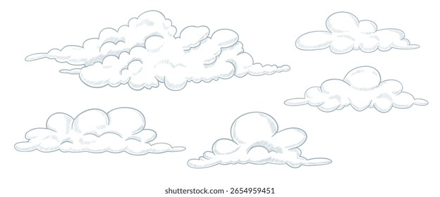 Vector illustration of fluffy Clouds in outline style with linear hatching. Outline pastel blue drawing of mist for sky scenes or dreamy backgrounds. Engraved sketch of weather element. Etched set.