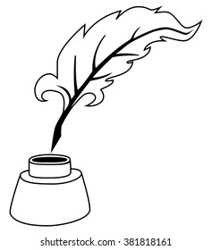 Vector illustration fluffy feather and inkwell