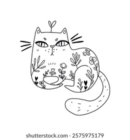 Vector illustration of a fluffy kawaii kitten lying decorated with flowers and leaves. Contour black and white drawing for coloring.