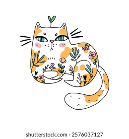 Vector illustration of a fluffy kawaii kitten with red spots, decorated with flowers and leaves. Contour drawing for printing posters and stickers.