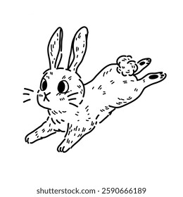 Vector illustration with fluffy kawaii rabbit in contour drawing style. A jumping rabbit with a cute face. Pet sticker on a white background