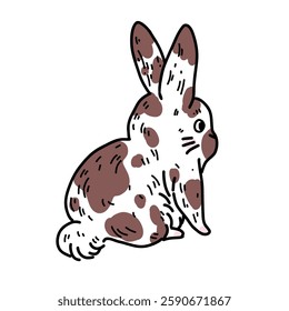 Vector illustration of a fluffy kawaii rabbit with a beautiful color with brown spots. The cute rabbit is sitting with his back. Pet sticker on a white background