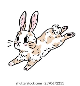 Vector illustration with fluffy kawaii rabbit with white-orange coloring. Hopping hare with cute face. Sticker with a pet on white background