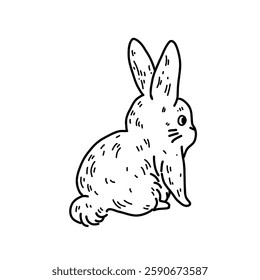 Vector illustration with a fluffy kawaii rabbit in the style of a contour drawing by hand. The cute rabbit is sitting with his back. Pet sticker on a white background