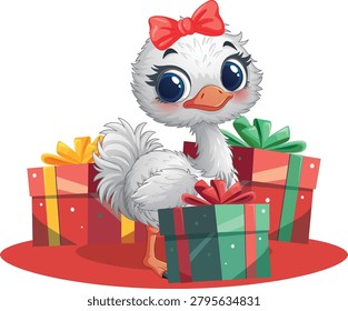 Vector illustration of a fluffy ostrich chick standing among colorful wrapped holiday gift boxes.