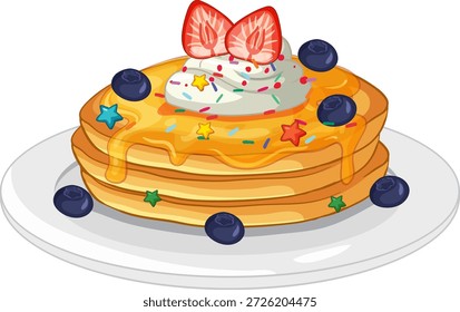 Ilustração vetorial de panquecas fofas cobertas com mel, creme, morangos, mirtilos e polvilhas coloridas