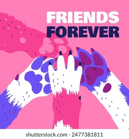 Vector illustration with fluffy spotted paws of a puppy meeting in a friendly handshake, symbolizing the friendship of animals. A poster for veterinary concepts.