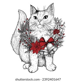 Vector illustration of a fluffy white cat with a black ear in a Christmas wreath with bells in engraving style